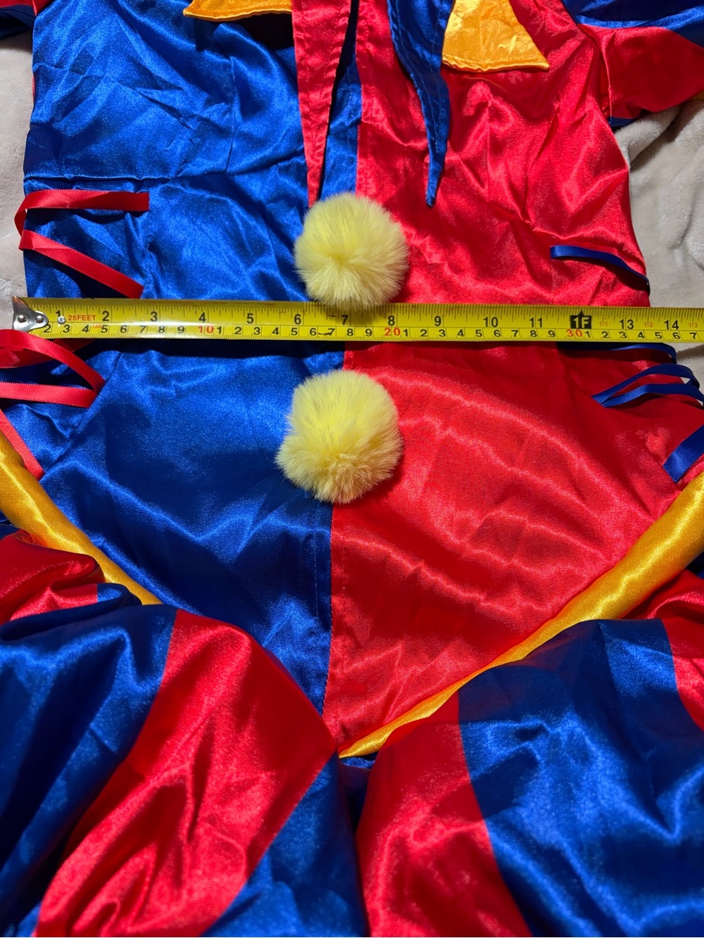 Medium Jester Costume - Blue/Red/Yellow Plush Pom-Pom Outfit - Picture 5 of 6